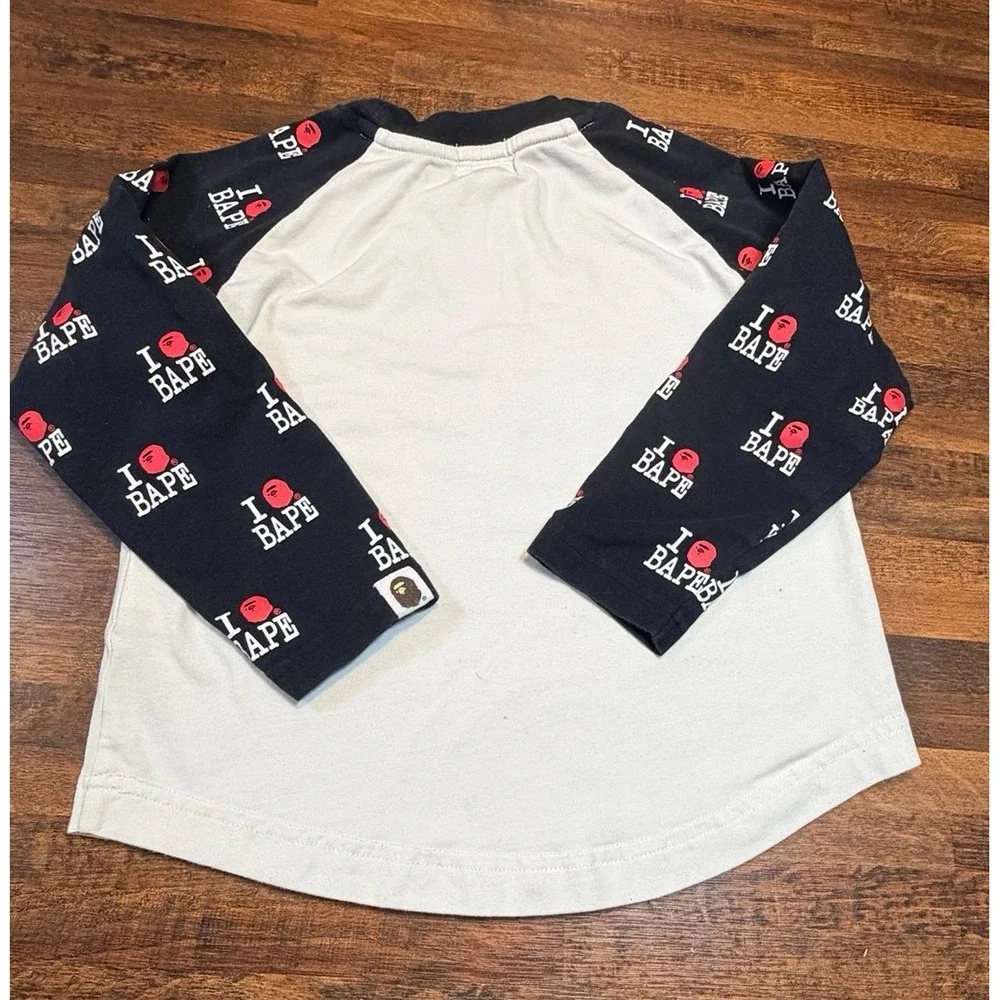 Bathing Ape BAPE kids raglan l/s shirt size 110. 2/3T. Patterned logo sleeves